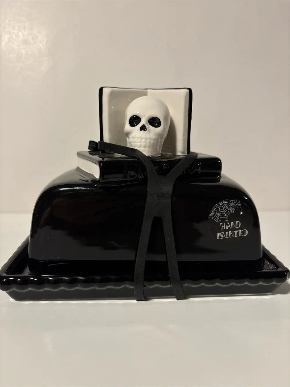 Cobwebs & Cauldron Halloween Skull On Books  Butter Dish, Black New